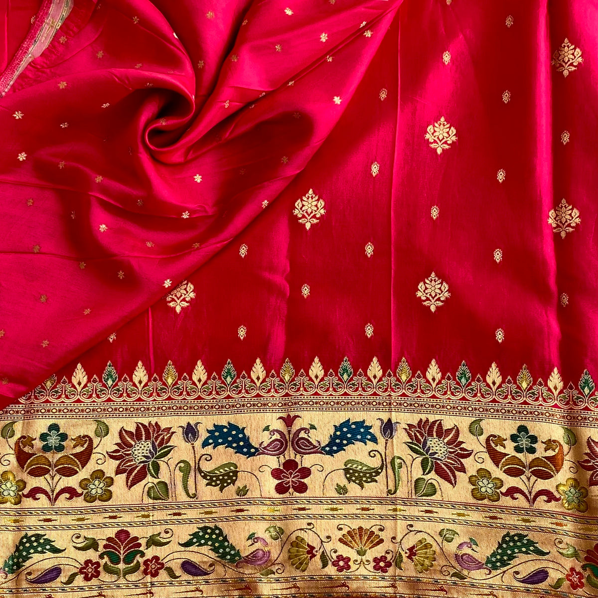 Fuchsia Pinkish Red Meenakari Soft Tussar Silk Saree With Peach Peacock Pallu