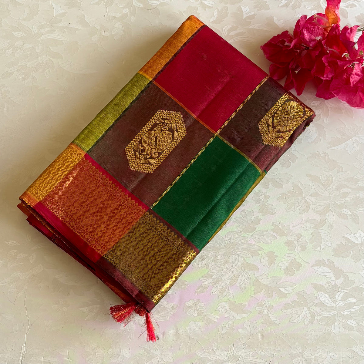 Designer Multi-Checkered Kanjeevaram Pure Zari Silk With Crimson Maroon Pallu