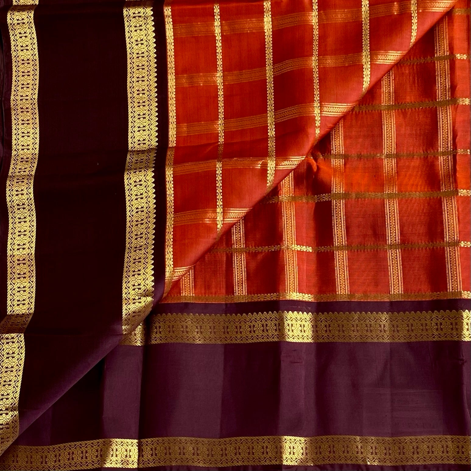 Classic Rust Orange With Coffee Brown Checkered Pure Silk Elegance