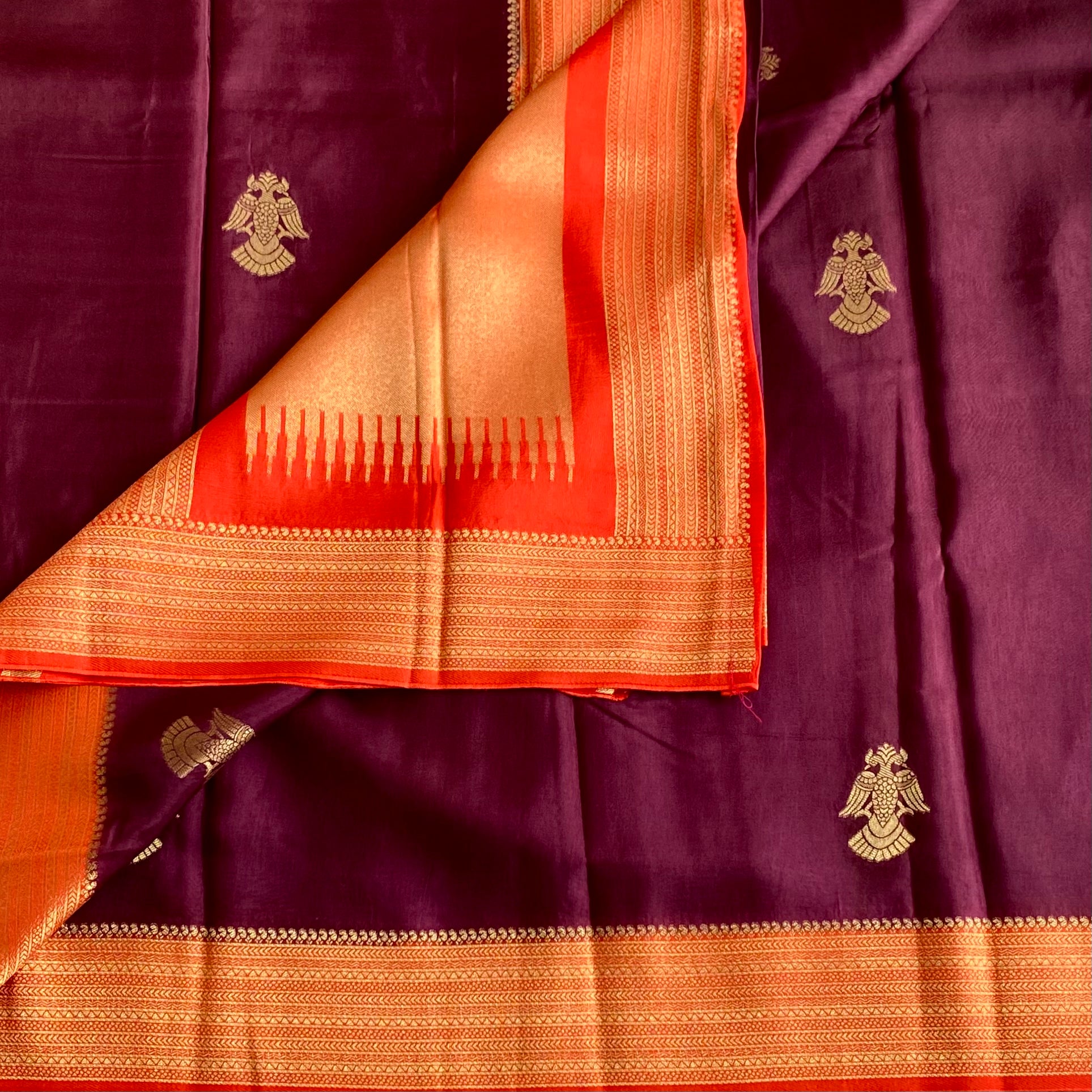 Deep Plum Soft Crepe Silk Saree With Vibrant Orange Pallu