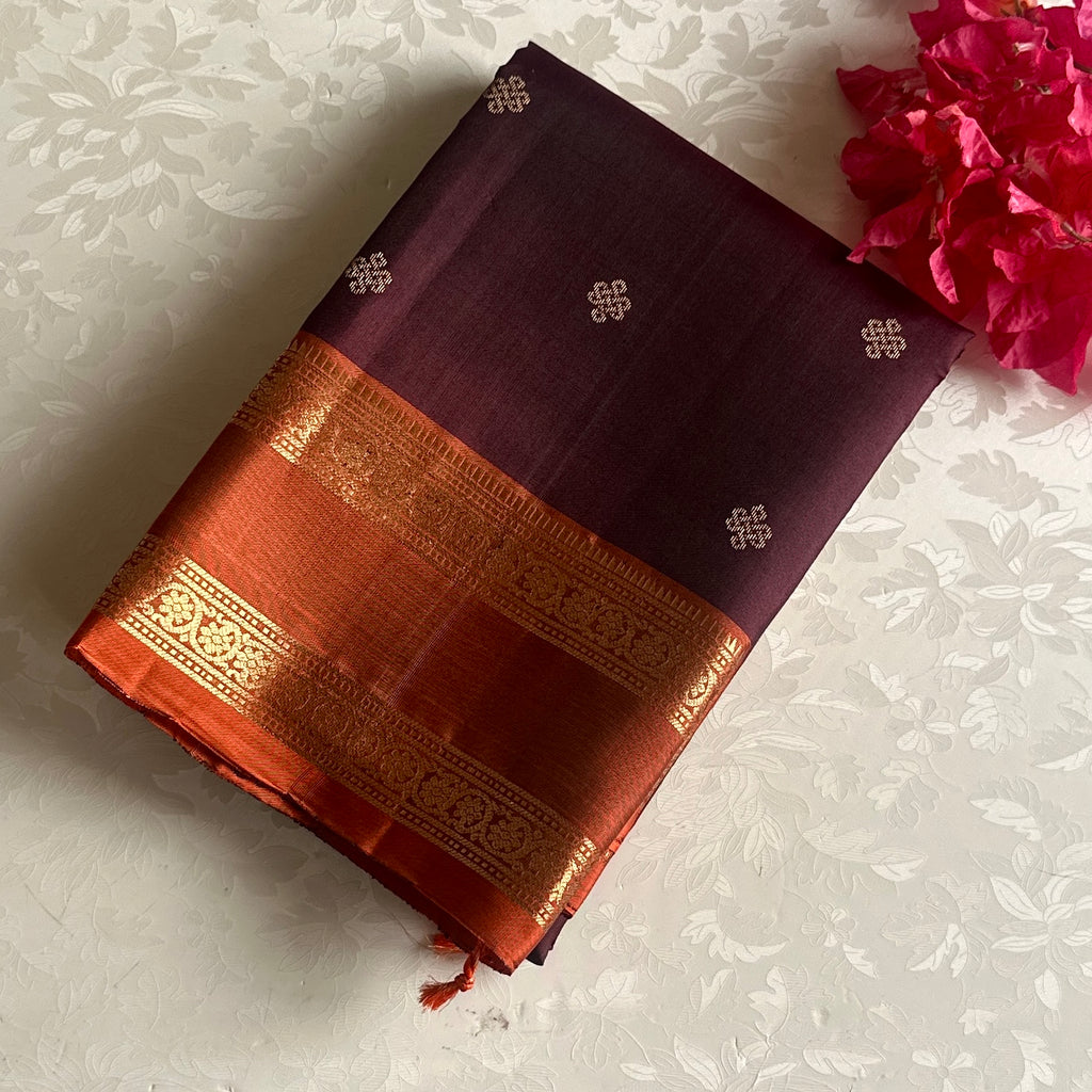 Espresso Brown Designer Pure Silk Kollam With Burnt Orange Retta Petta Borders