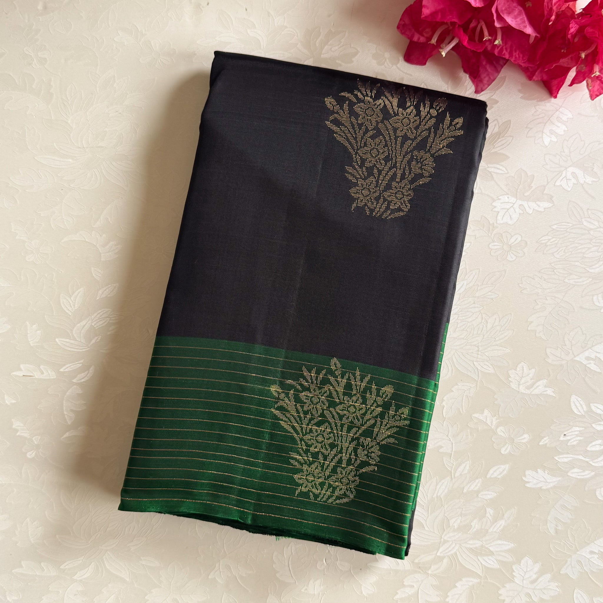 Emerald Green Navy Zari Saree With Floral Pallu And Border