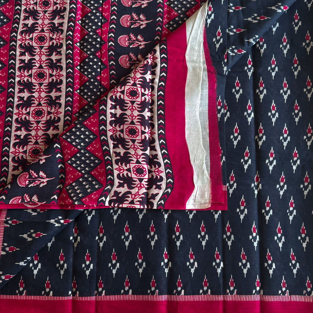 Navy Magenta Ikat Saree Floral Stripe Pallu Traditional Elegant Design