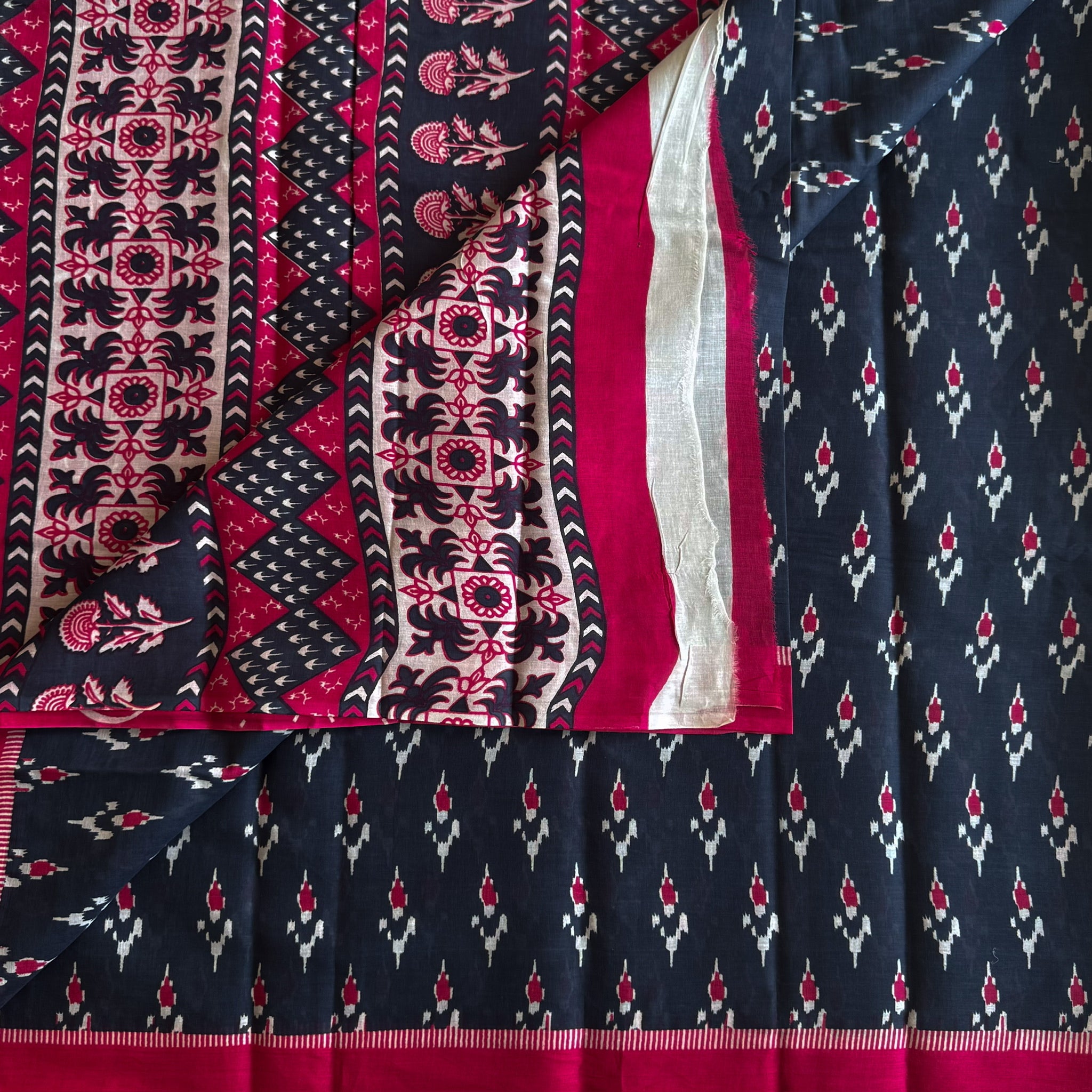 Navy Magenta Ikat Saree Floral Stripe Pallu Traditional Elegant Design