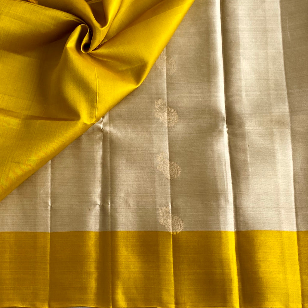 Soft Champagne Beige Designer Pure Silk Saree With Mustard Yellow Border