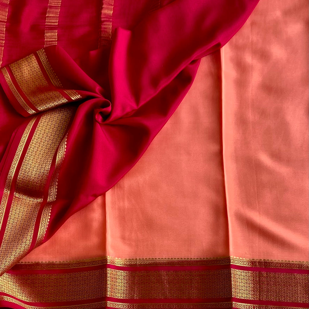 Sorbet Peach Mysore Crepe Silk Saree Rani Pink Gold Zari Border