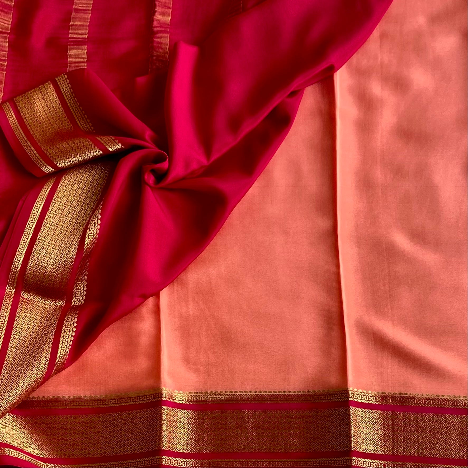 Sorbet Peach Mysore Crepe Silk Saree Rani Pink Gold Zari Border