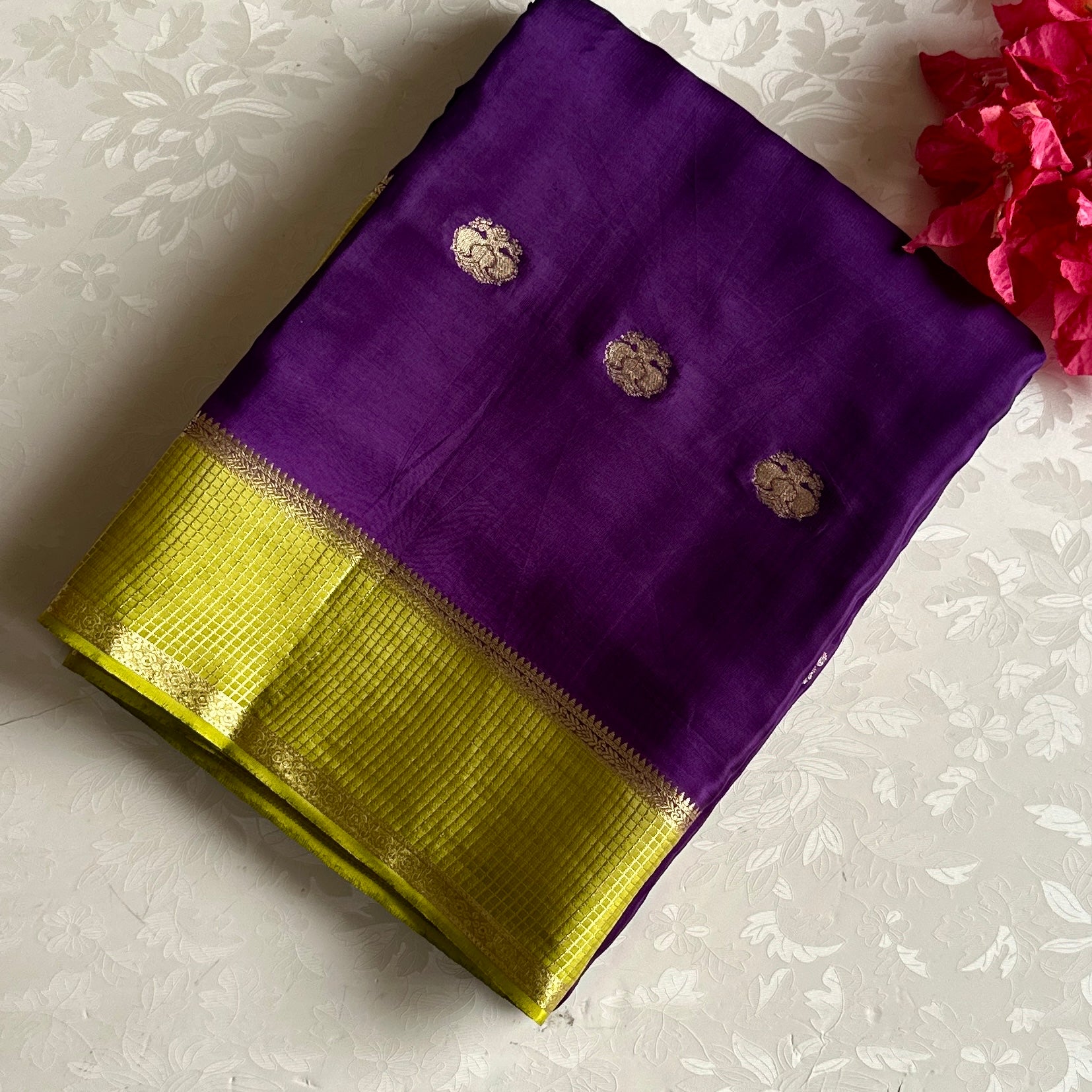 Royal Purple Soft Crepe Silk Saree With Lime Green Pallu