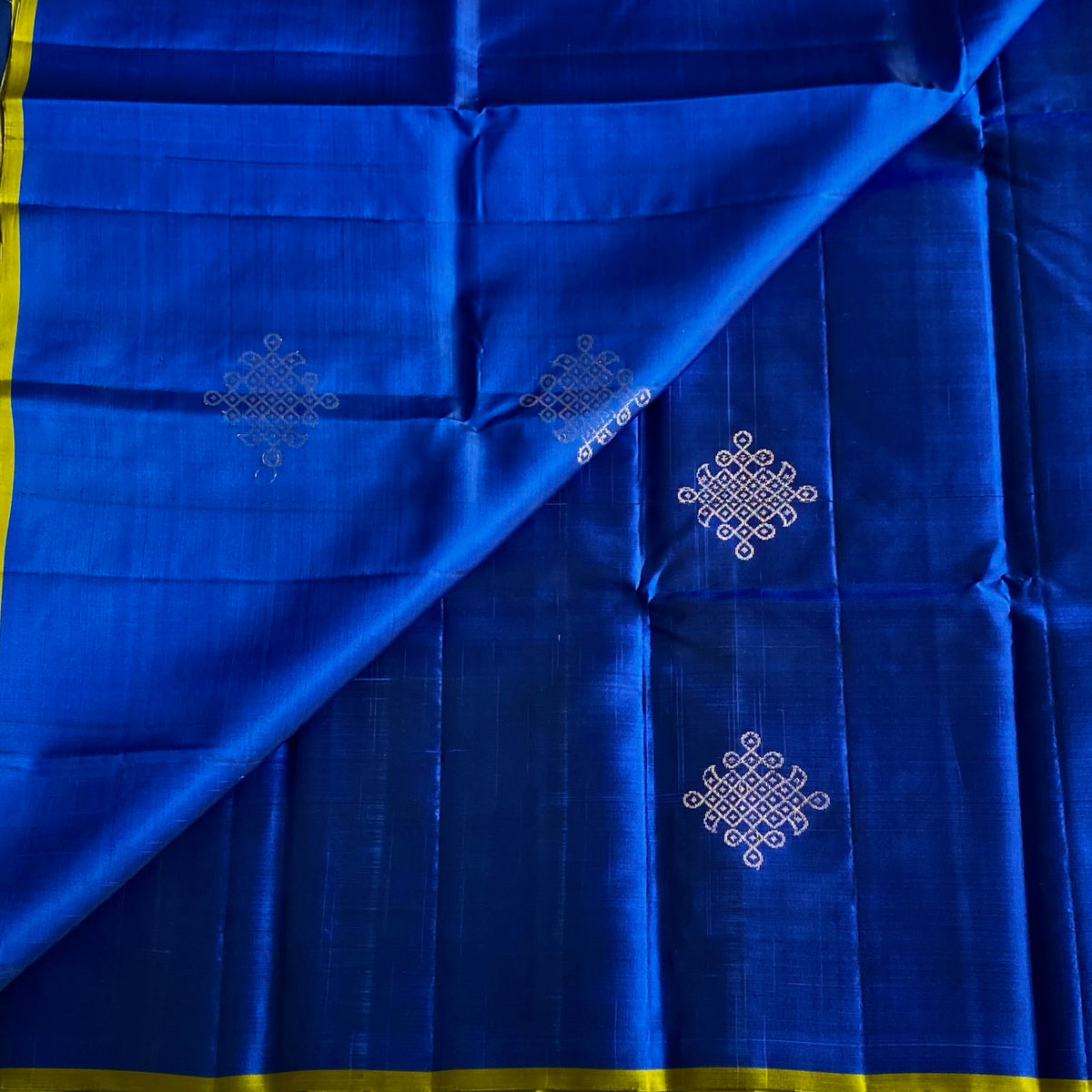 Royal Blue Designer Pure Silk Saree With Lime Green Kollam