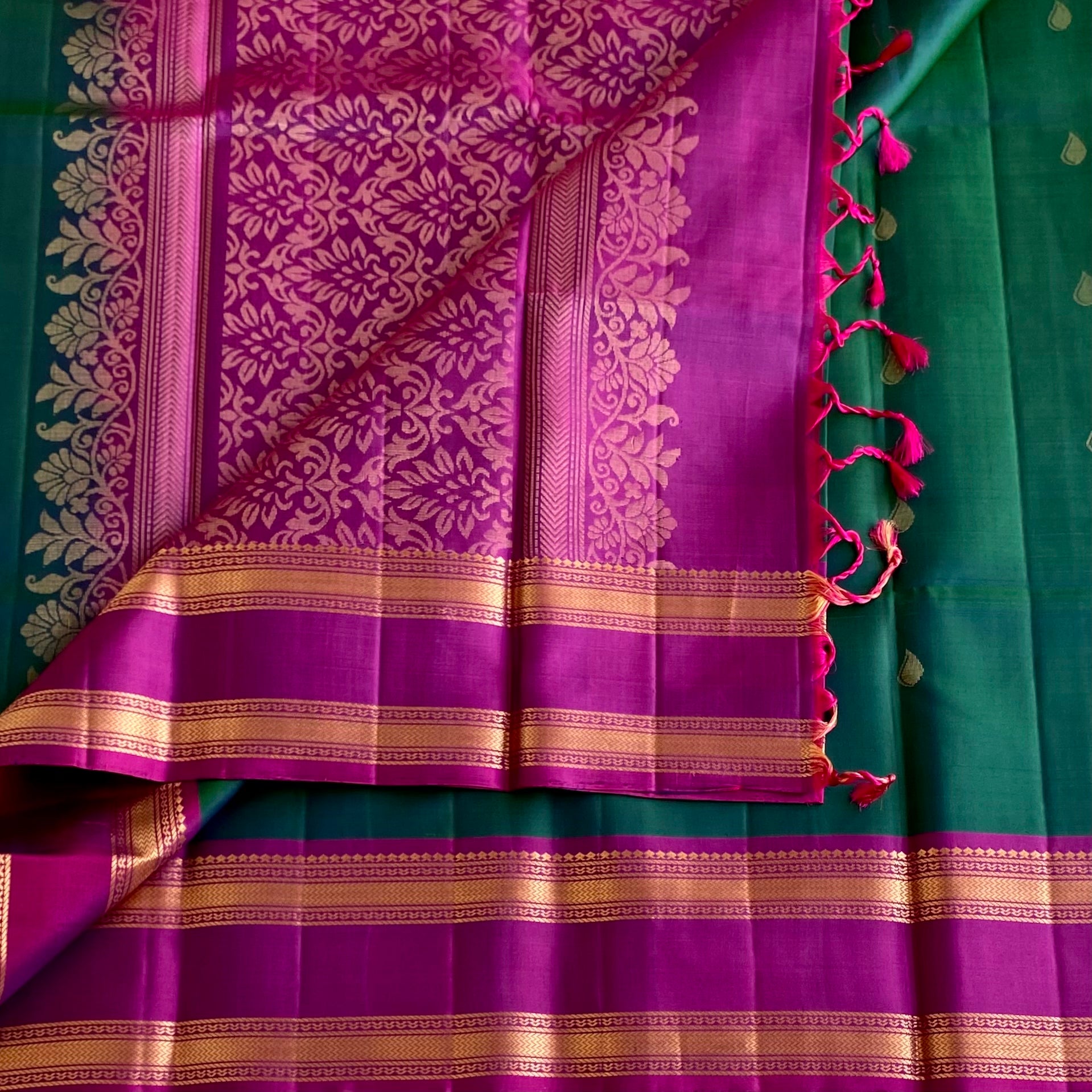 Dual Peacock Bluish Green Designer Pure Silk With Dreamy Magenta Pallu