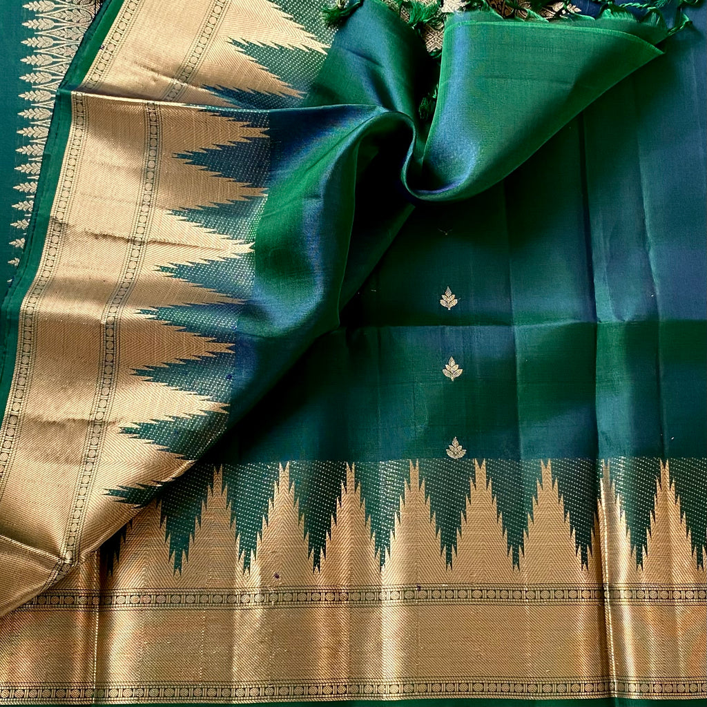 Emerald Green Gold Brocade Saree With Wide Zari Border