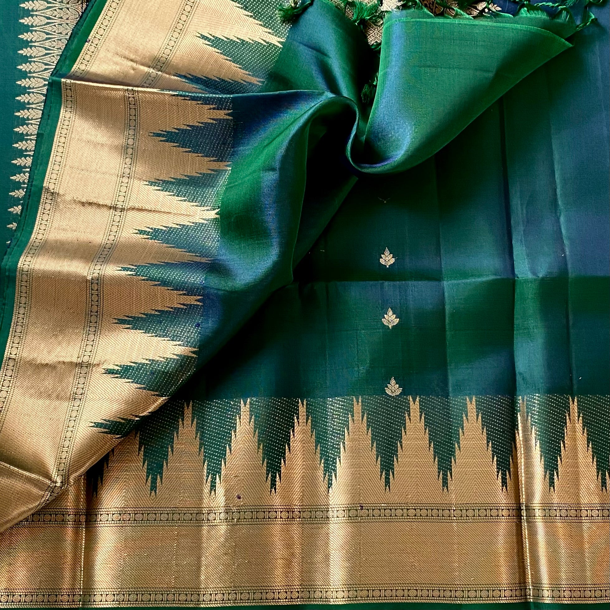 Emerald Green Gold Brocade Saree With Wide Zari Border