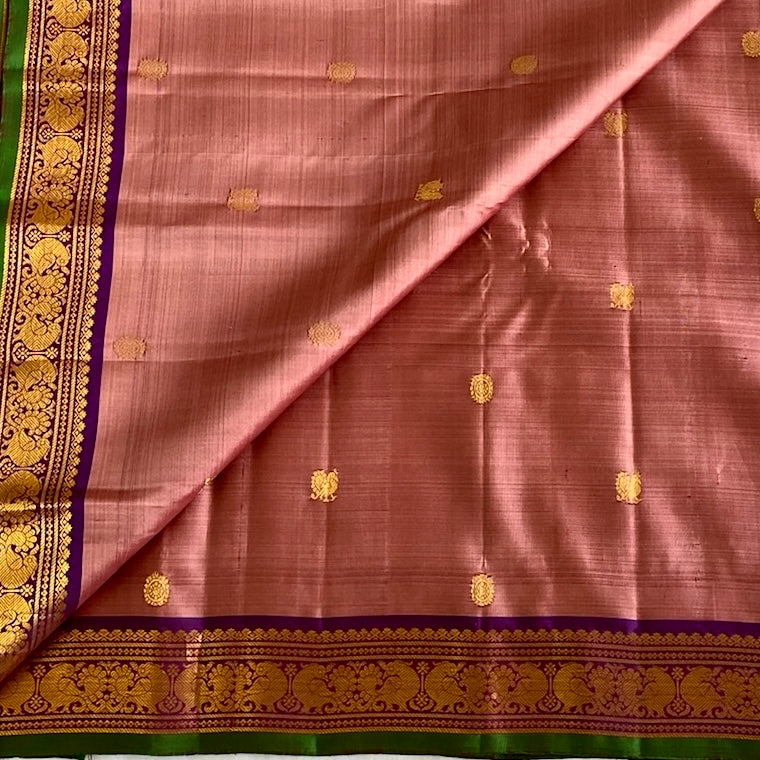 Dusty Rose Kanjeevaram Pure Zari Silk Saree With Royal Purple Pallu