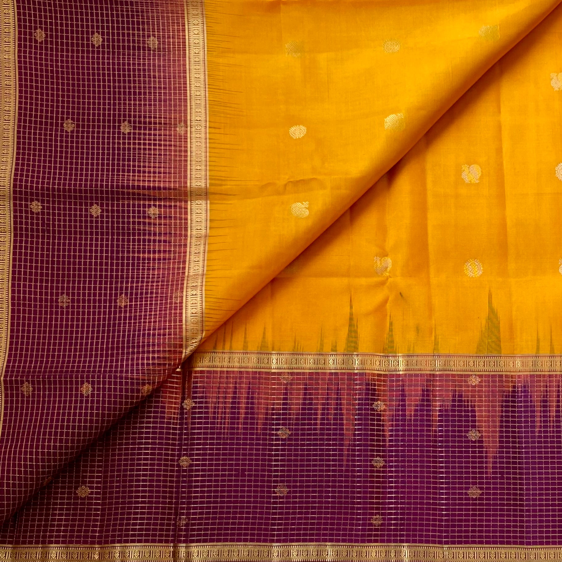 Saffron Yellow Silk Saree Magenta Pallu Gold Brocade Wedding Weave
