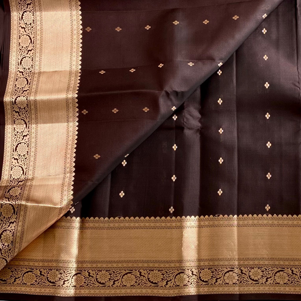Dark Chocolate Designer Pure Silk With Antique Gold Borders