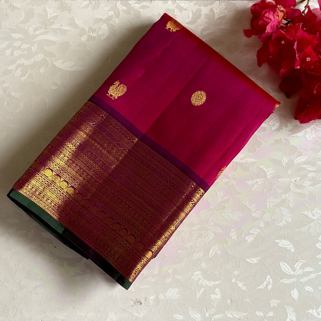 Rich Rani Pink Pure Zari Kanjeevaram With Wine Purple