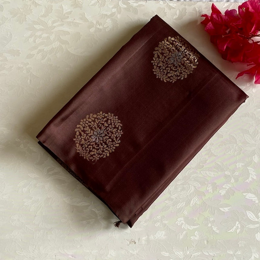Deep Chestnut Brown Designer Pure Silk Saree With Antique Gold Pallu