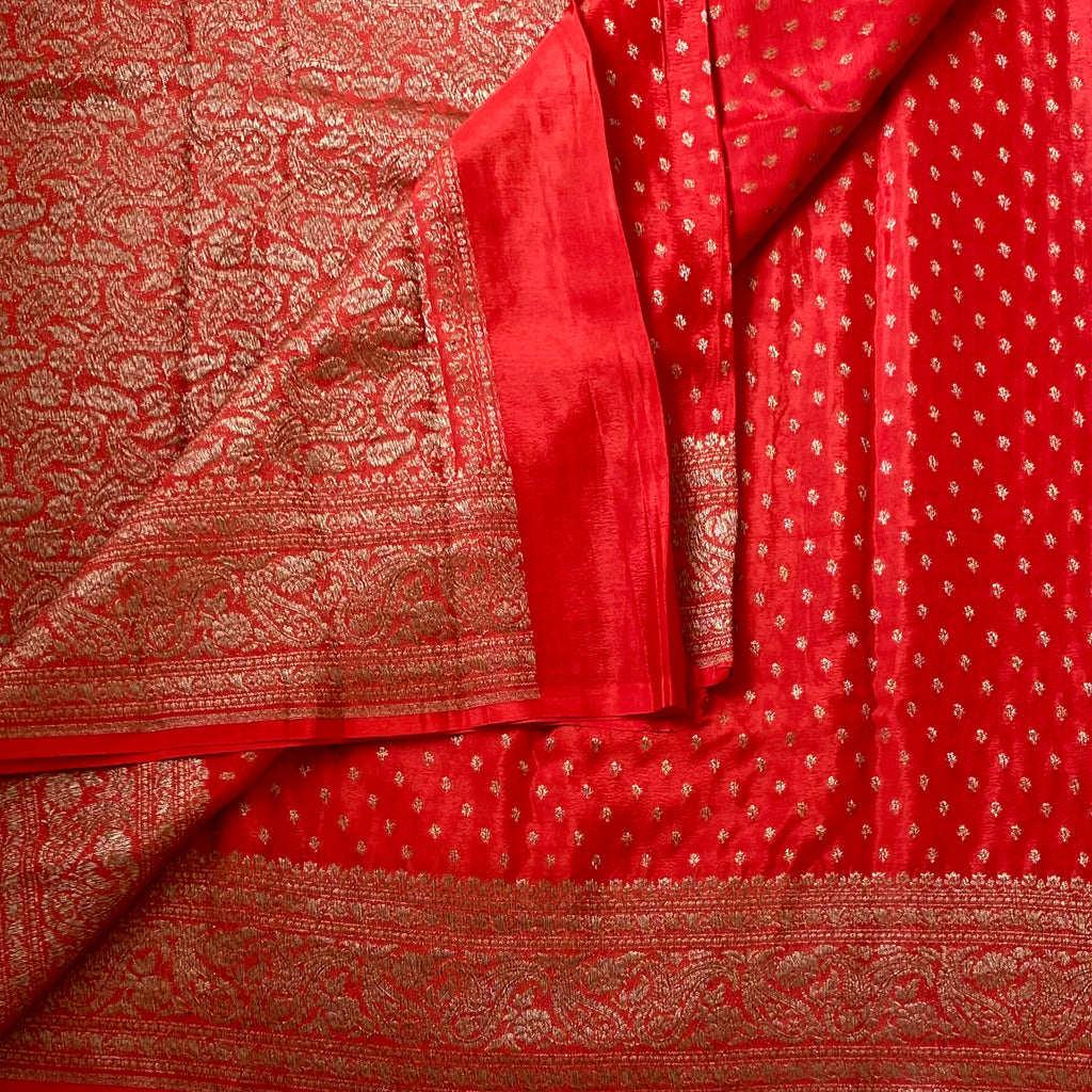Scarlet Banarasi Silk Saree Antique Gold Brocade Wedding Saree Traditional