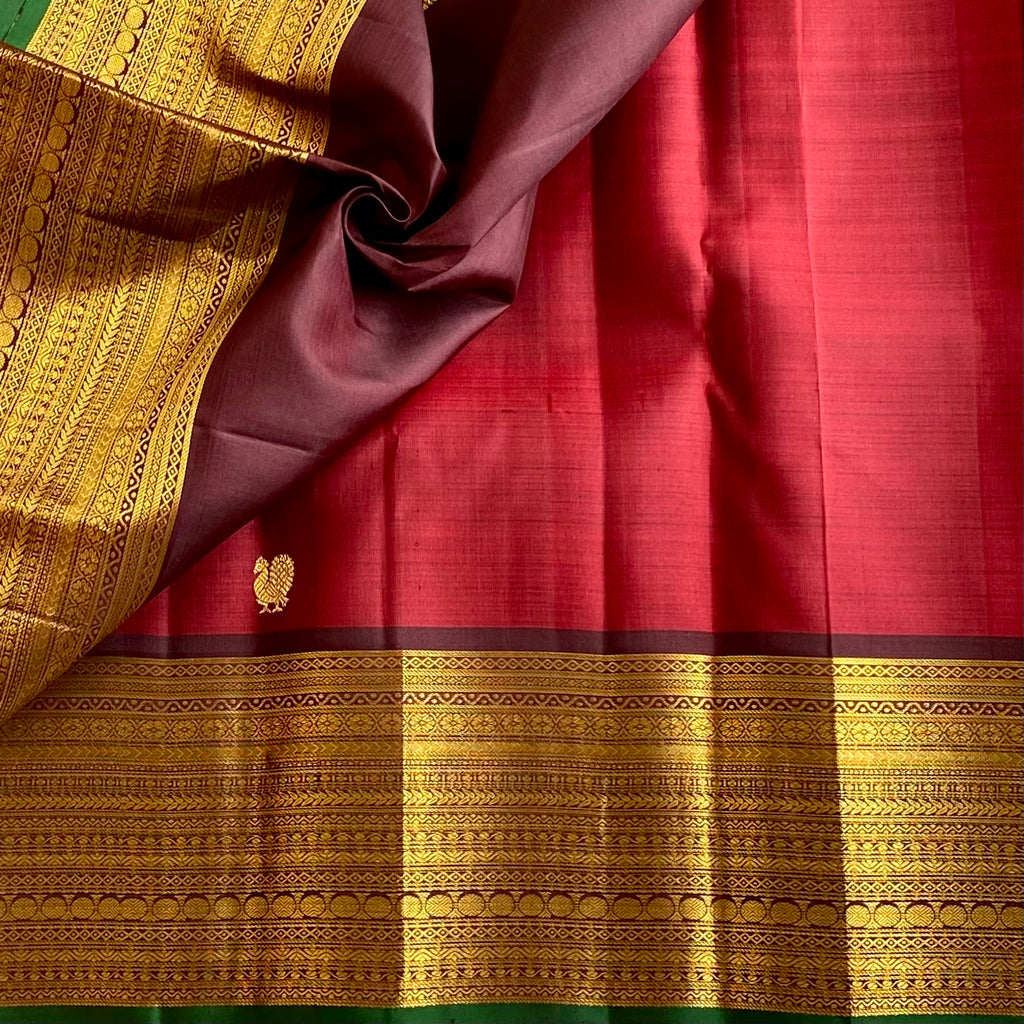 Maroonish Red Kanjeevaram Pure Zari Silk Saree With Wine Brown Pallu