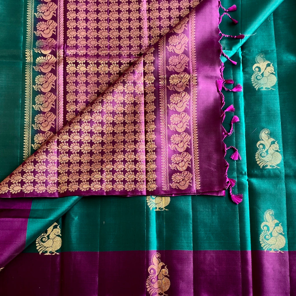 Teal Green Designer Pure Silk Saree With Royal Purple Pallu