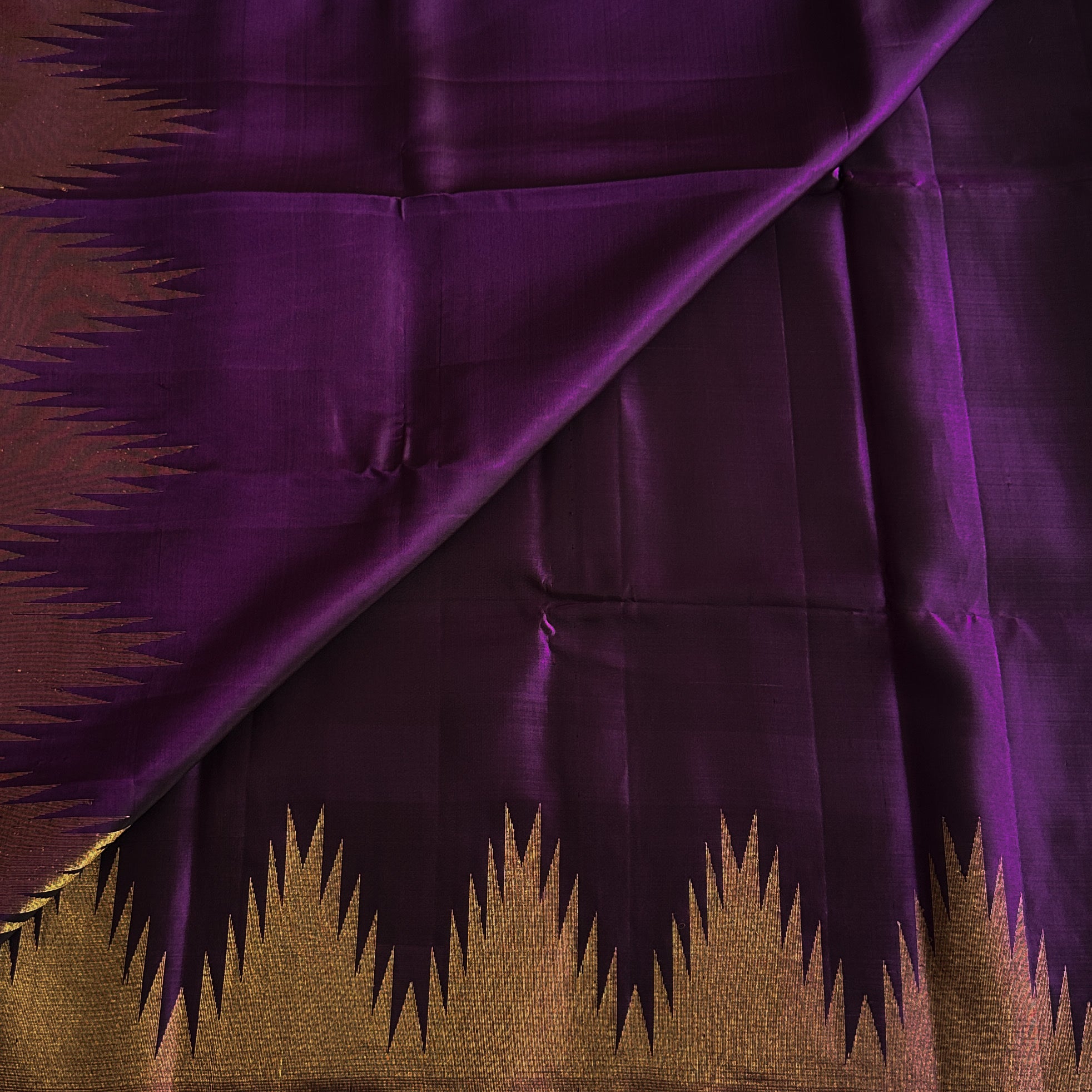 Deep Violet Silk Saree With Antique Gold Zari Border Pallu