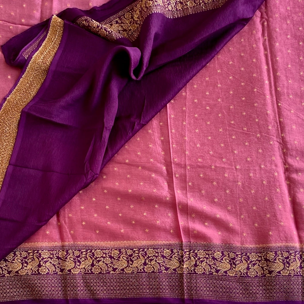 Rani Pink And Royal Purple Soft Tussar Silk Saree With Gold Zari