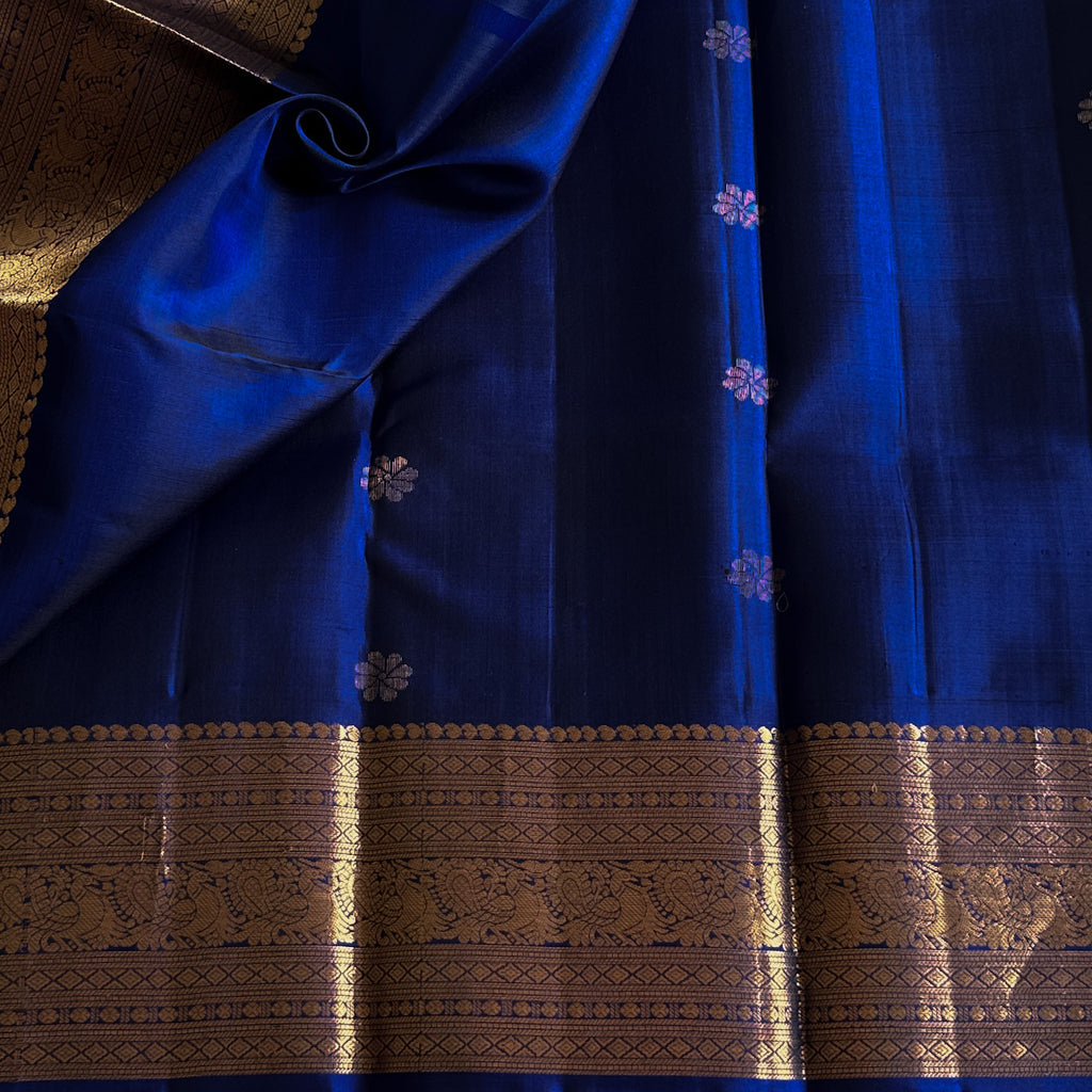 Royal Blue Saree With Gold Zari Border And Floral Buta