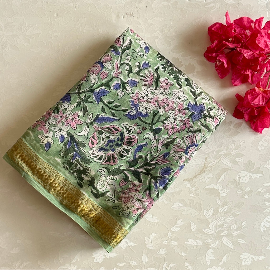 Sage Green Soft Tussar Silk Saree With Mauve Pink Pallu