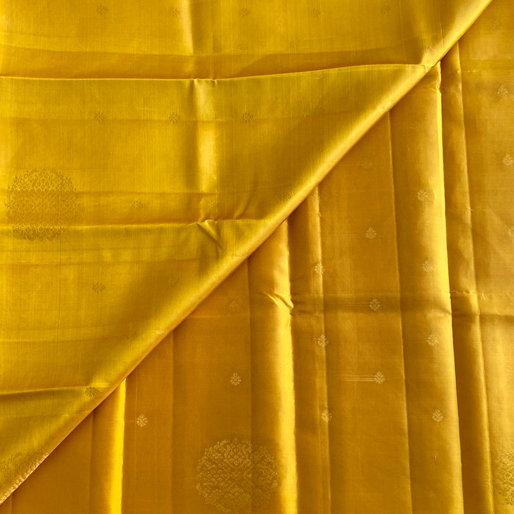 Pastel Golden Yellow Designer Pure Silk Saree With Deep Plum Purple Pallu
