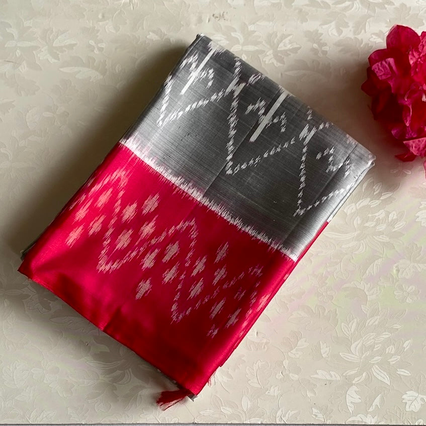 Silver Grey Designer Pure Silk Saree With Rani Pink Ikat Border