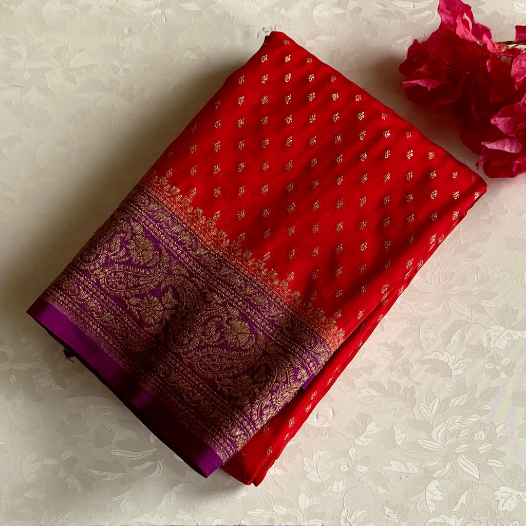 Scarlet Red Banarasi Crepe Silk Saree With Royal Purple Pallu