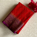 Scarlet Red Banarasi Crepe Silk Saree With Royal Purple Pallu