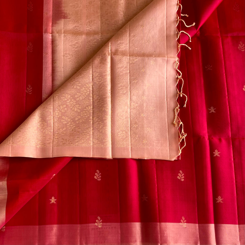 Rani Pinkish Red Designer Pure Silk Saree With Peach Pallu