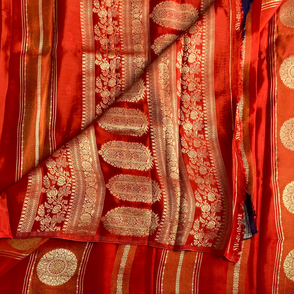 Vermilion Red Designer Soft Crepe Saree With Antique Gold Pallu