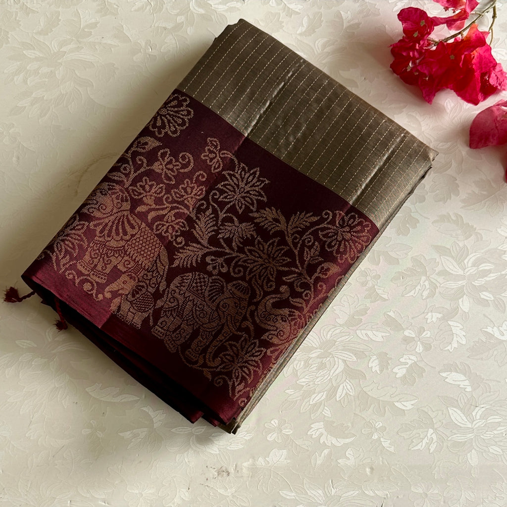 Ash Metallic Grey Designer Pure Silk With Antique maroon Zari Border