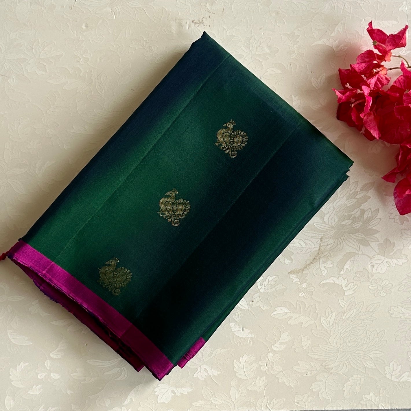 Peacock Blue Designer Pure Silk Saree With Rani Pink Pallu