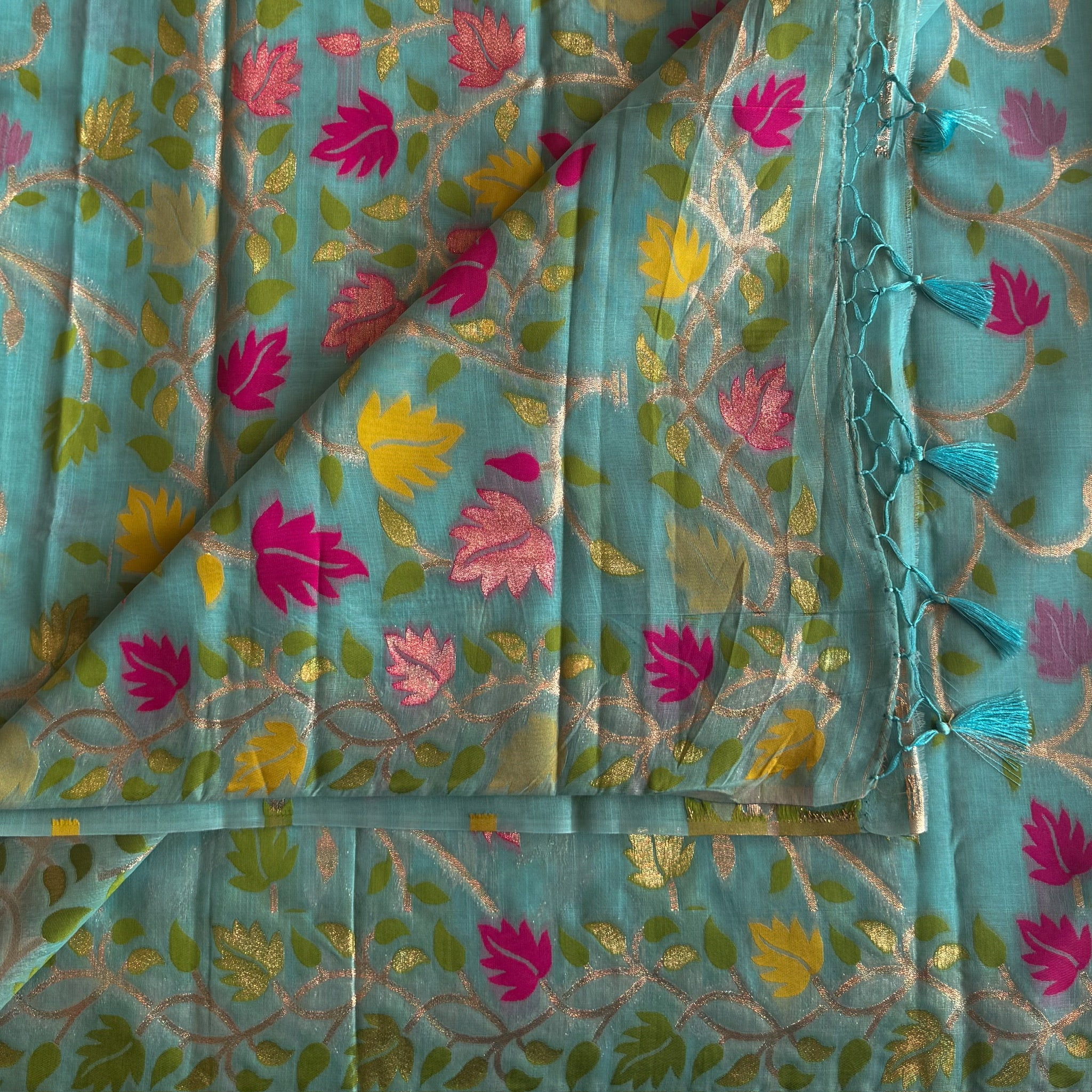 Turquoise Floral Zari Saree with Tassel Pallu Festive Wear