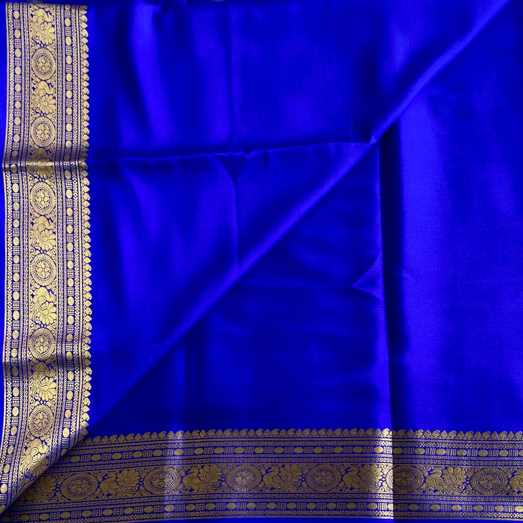 MS Blue Mysore Crepe Silk Saree With Metallic Gold Border