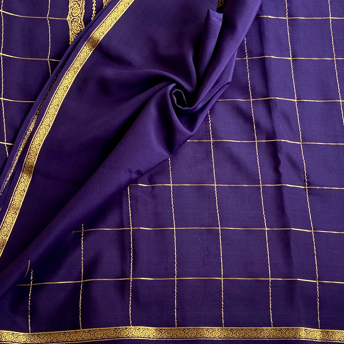 Deep Indigo Navy Mysore Crepe Silk Saree With Antique Gold Pallu