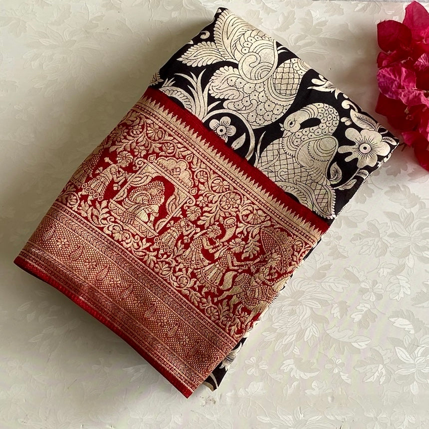 Jet Black Soft Tussar Silk Saree With Crimson Red Pallu