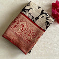 Jet Black Soft Tussar Silk Saree With Crimson Red Pallu