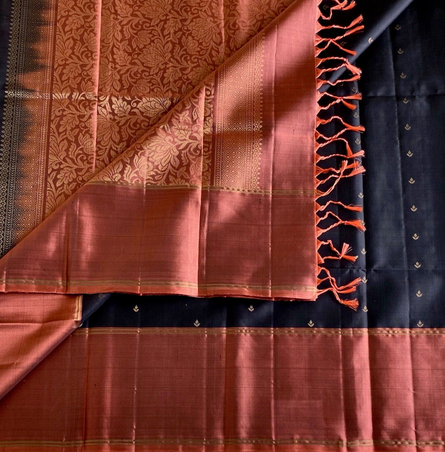 Burnt Orange Designer Pure Silk Saree With Black Pallu