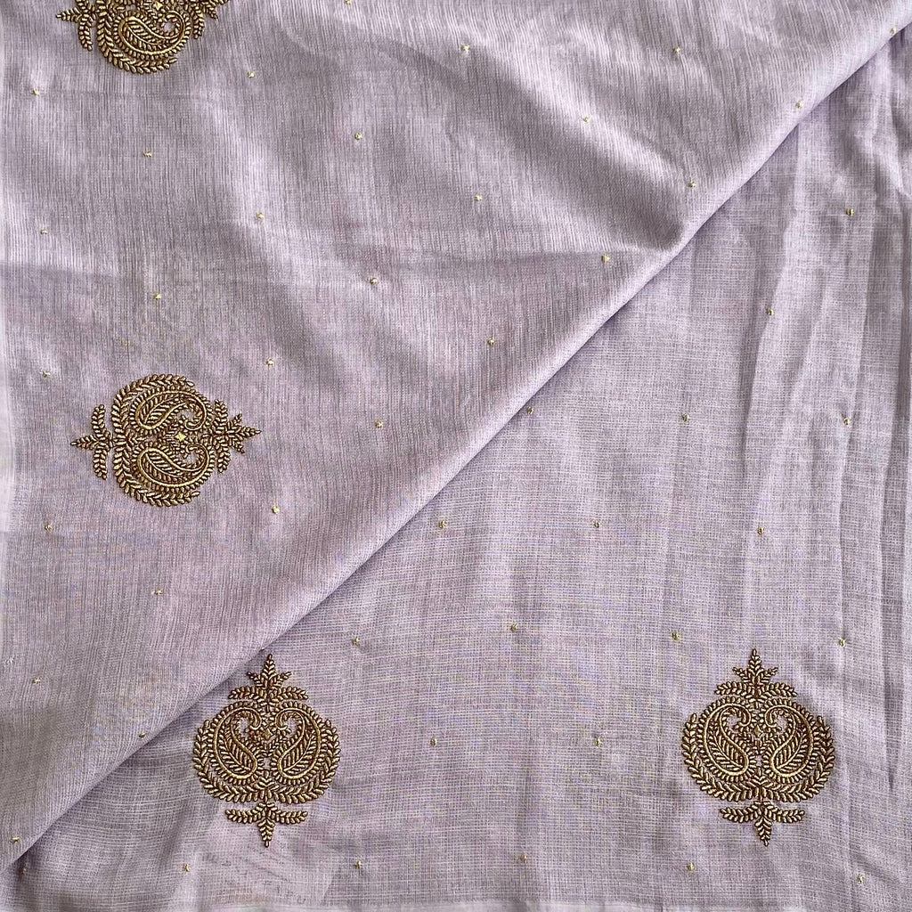 Lilac Soft Jute Tussar Saree With Jet Black Blouse And Gold Motifs