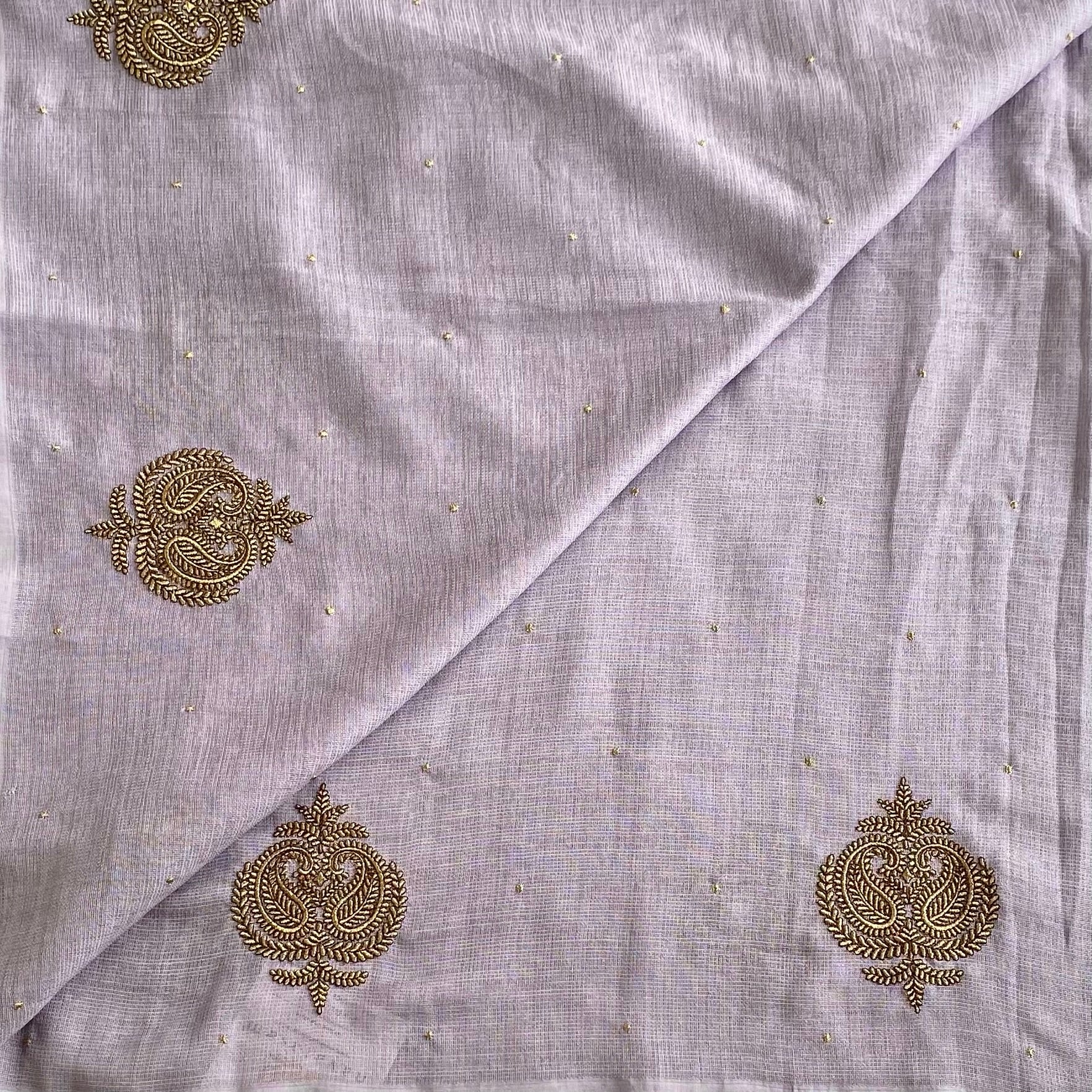 Lilac Soft Jute Tussar Saree With Jet Black Blouse And Gold Motifs