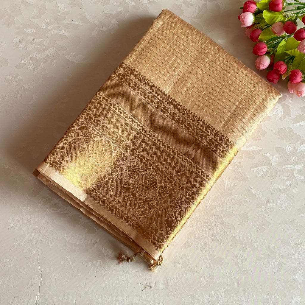 Micro Checkered Champagne Beige Designer Pure Silk Saree With Antique Gold Pallu
