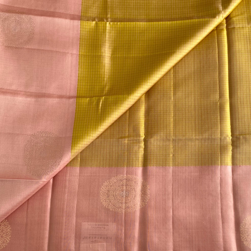 Light Pastel Olive & Dusty Rose Designer Pure Silk Saree With Antique Gold Accents