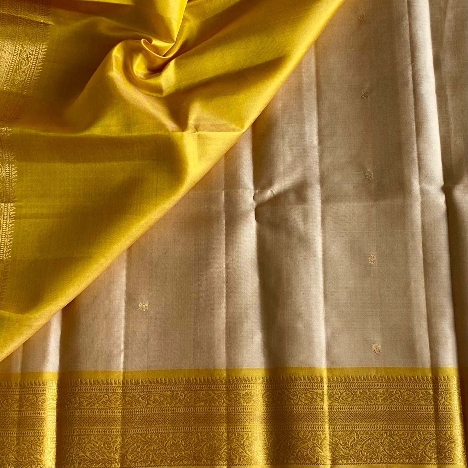 Champagne Beige Designer Pure Silk with Stunning Golden Yellow Contrast Pallu