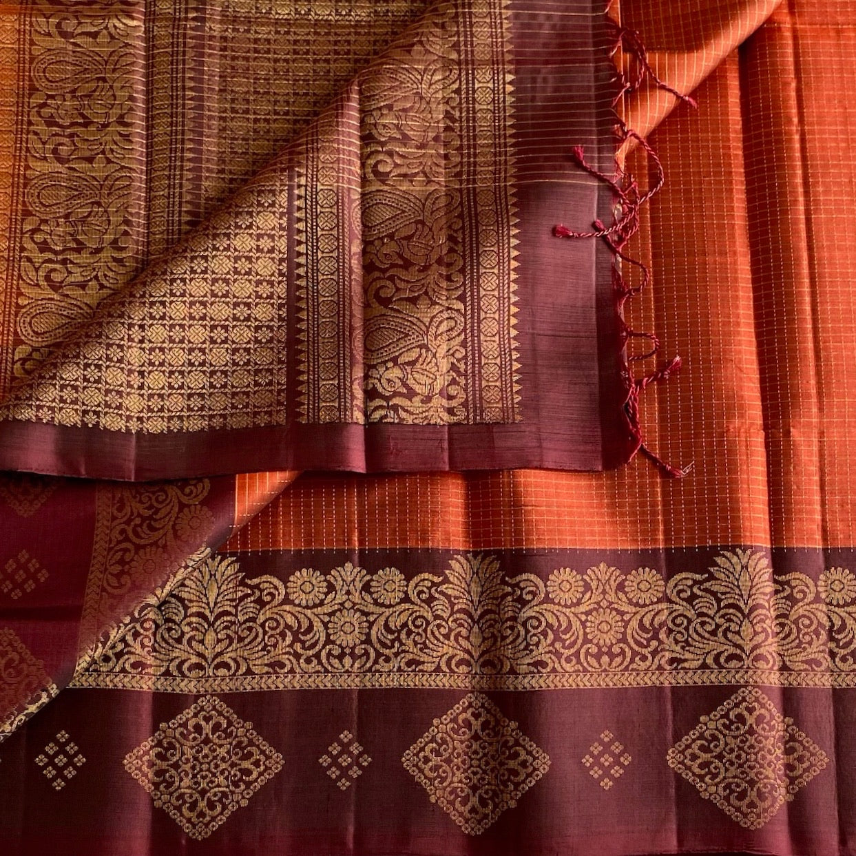Burgundy Designer Pure Silk Saree With Burnt Orange Pallu And Gold Zari