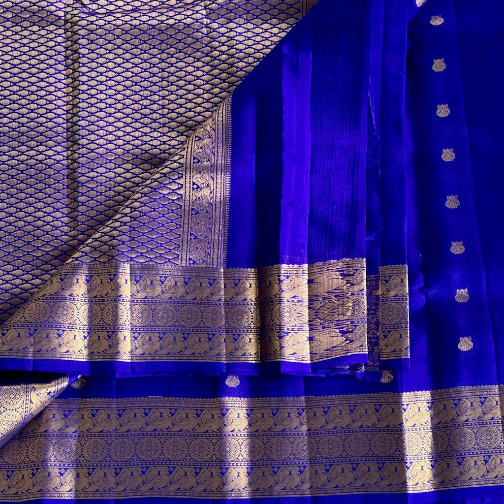 Royal Blue Designer Pure Silk Saree With Metallic Gold Brocade Border