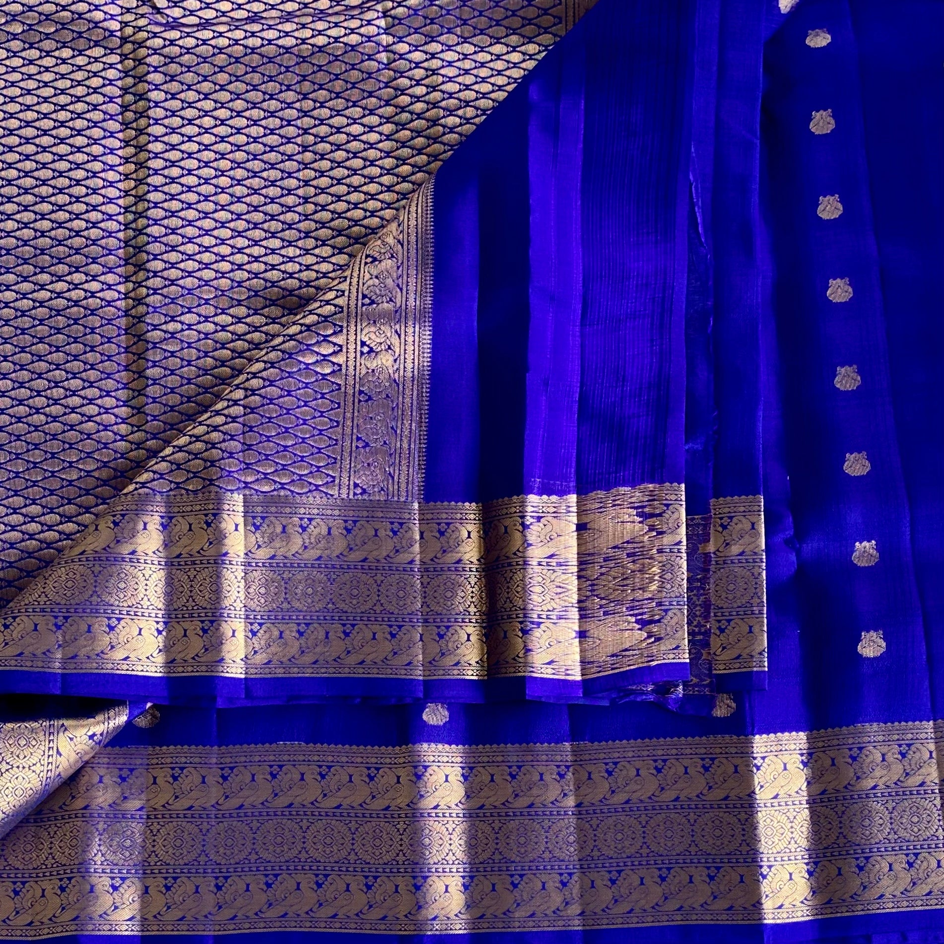 Royal Blue Designer Pure Silk Saree With Metallic Gold Brocade Border